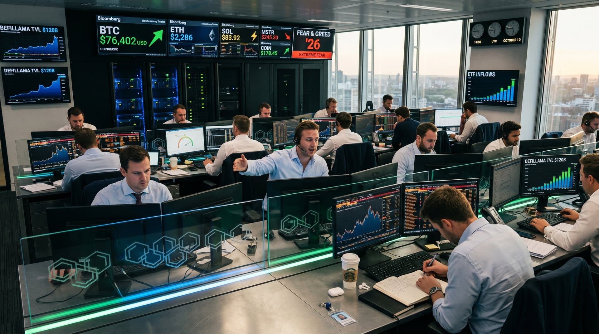 Traders analyze crypto charts on multi-monitor setups in modern trading floor with BTC price and Fear & Greed index visible