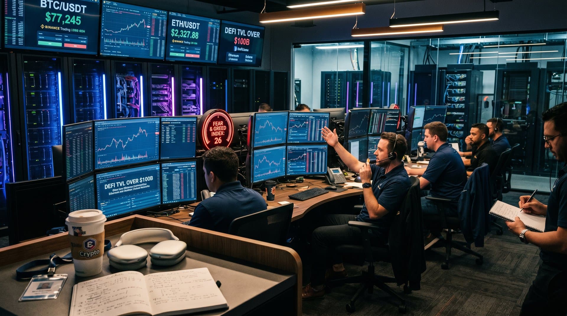 Cyberpunk trading floor with monitors showing BTC charts at $77K, AI dashboards, DeFi metrics, and AWS servers