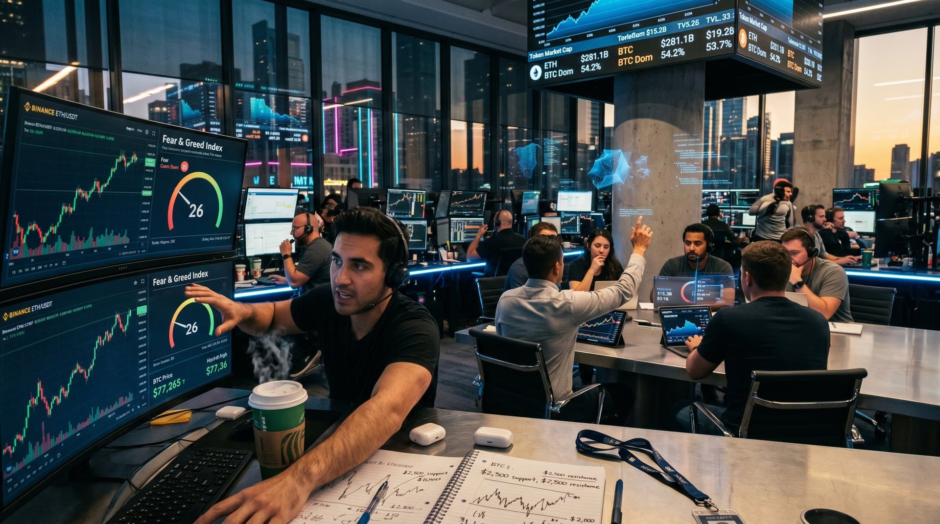Trading floor with ETH price charts at $2,333, Fear & Greed at 26, BTC tracker, analysts discussing market data