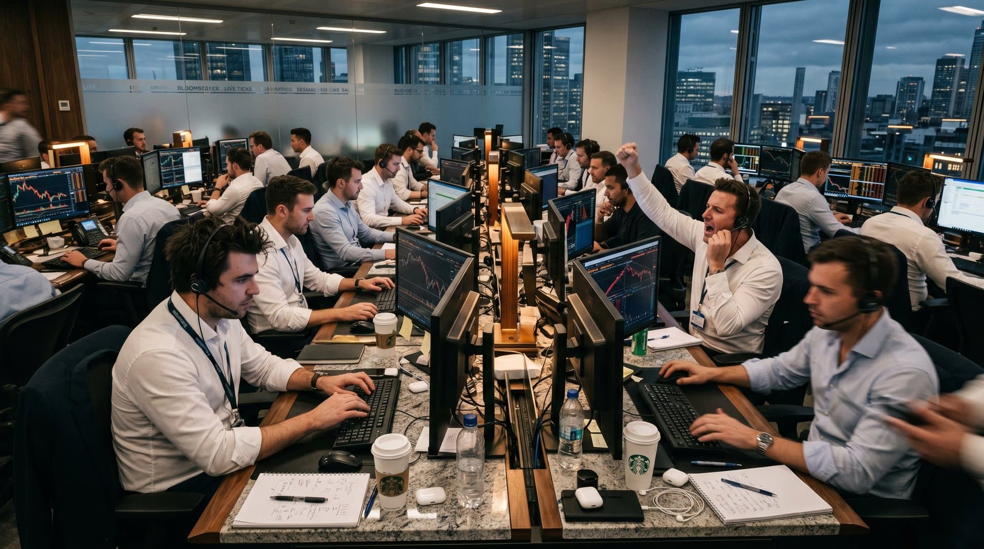 Trading terminals display crypto charts, Fear & Greed at 26, DeFi TVL graphs, and BTC $77K candlesticks in modern financial office