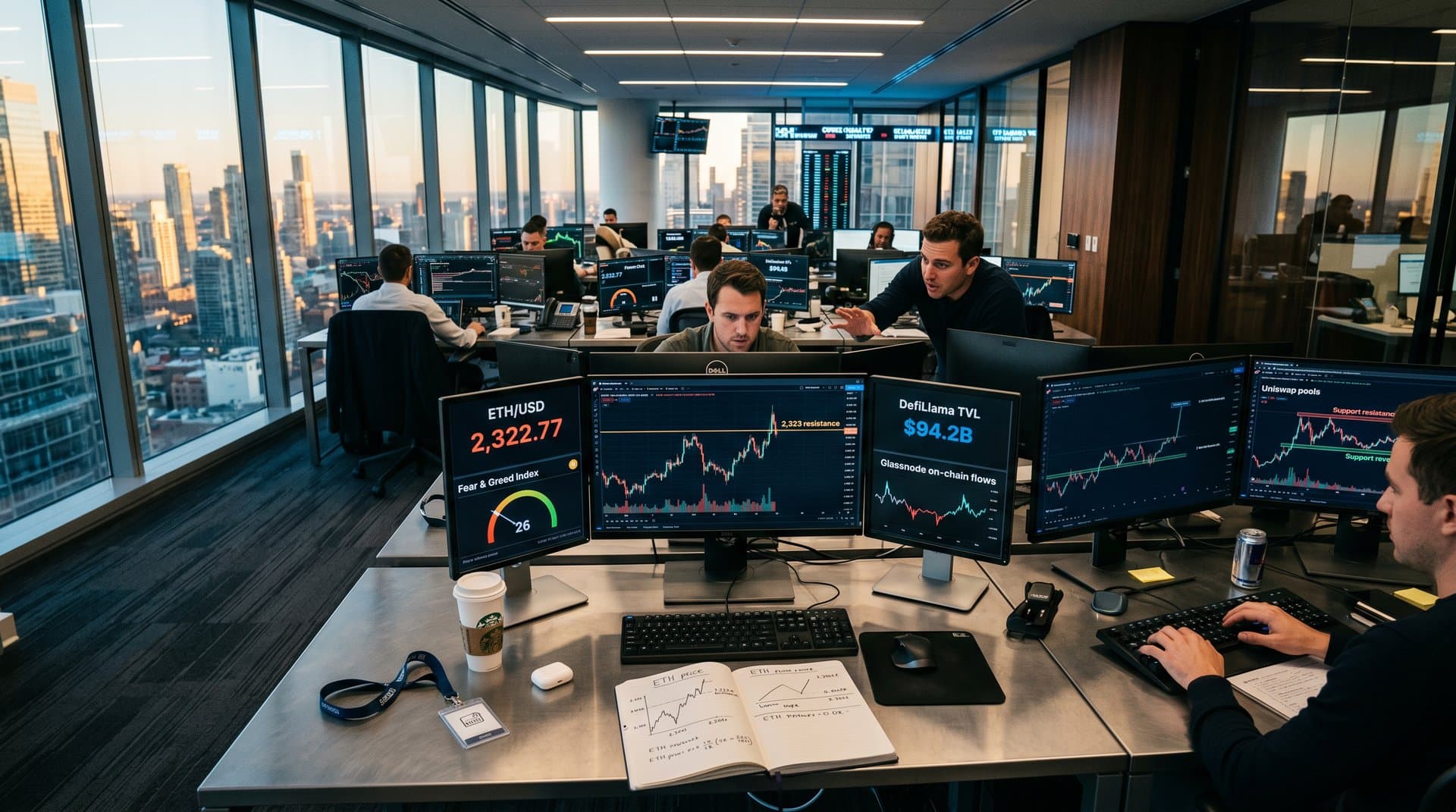 Crypto trading screens display ETH $2,323 chart, Fear & Greed 26, DeFi TVL, Uniswap pools amid market data