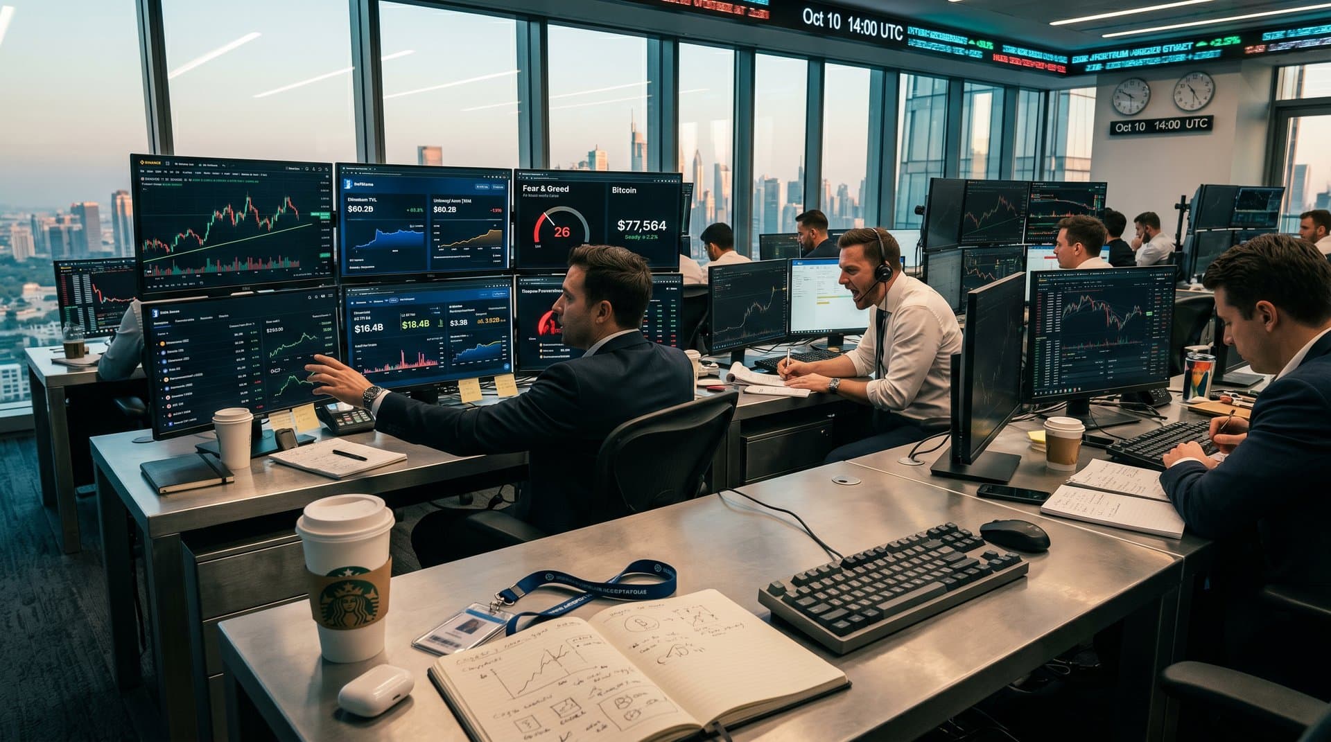 Trading floor analysts monitor ETH price charts at $2,330.50, DeFi TVL, Fear & Greed at 26 on multi-screens with city skyline view (98 chars)