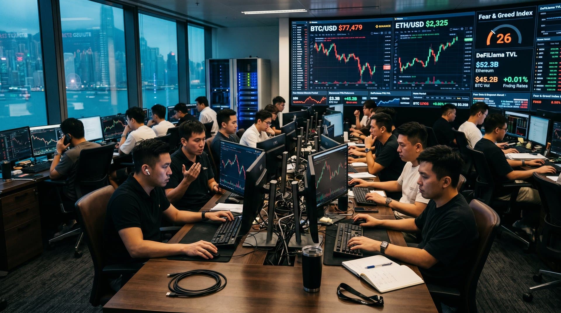 Goldman Sachs Hong Kong trading floor with terminals showing BTC $77k, ETH charts, and Fear & Greed Index 26