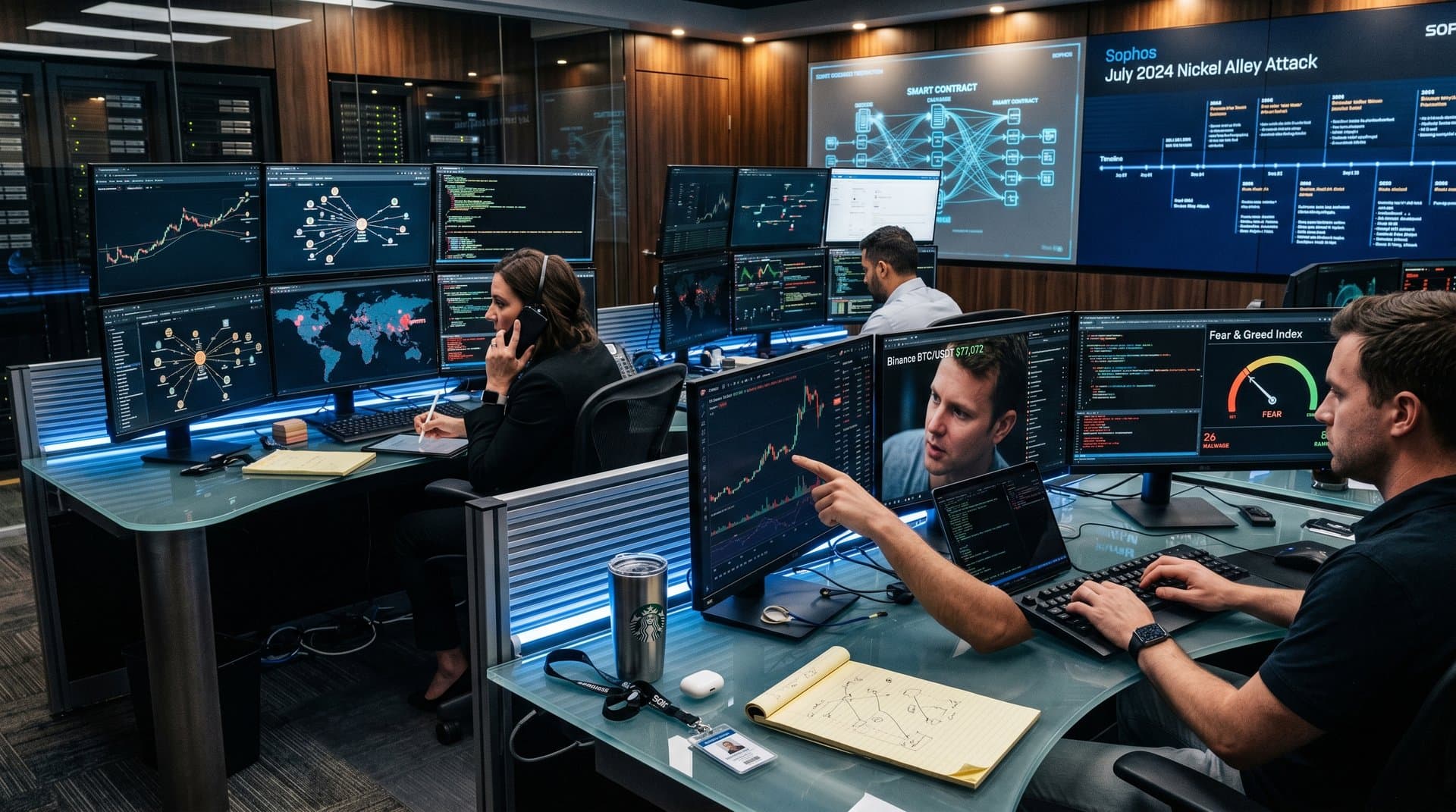 Cybersecurity ops center monitors Nickel Alley crypto threats, blockchain flows, and alerts on multi-screens