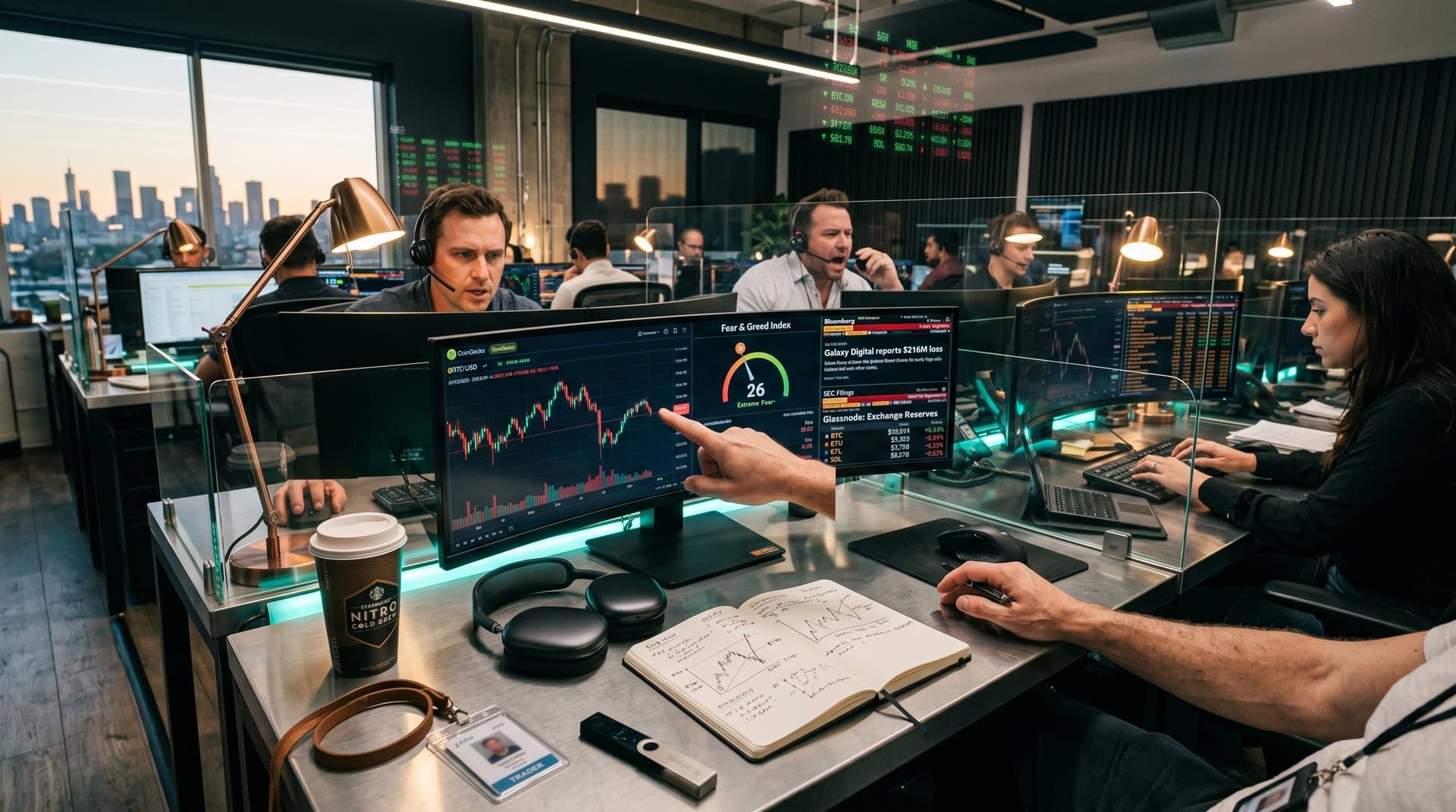 Crypto traders monitoring BTC charts and Galaxy Digital reports on trading desks