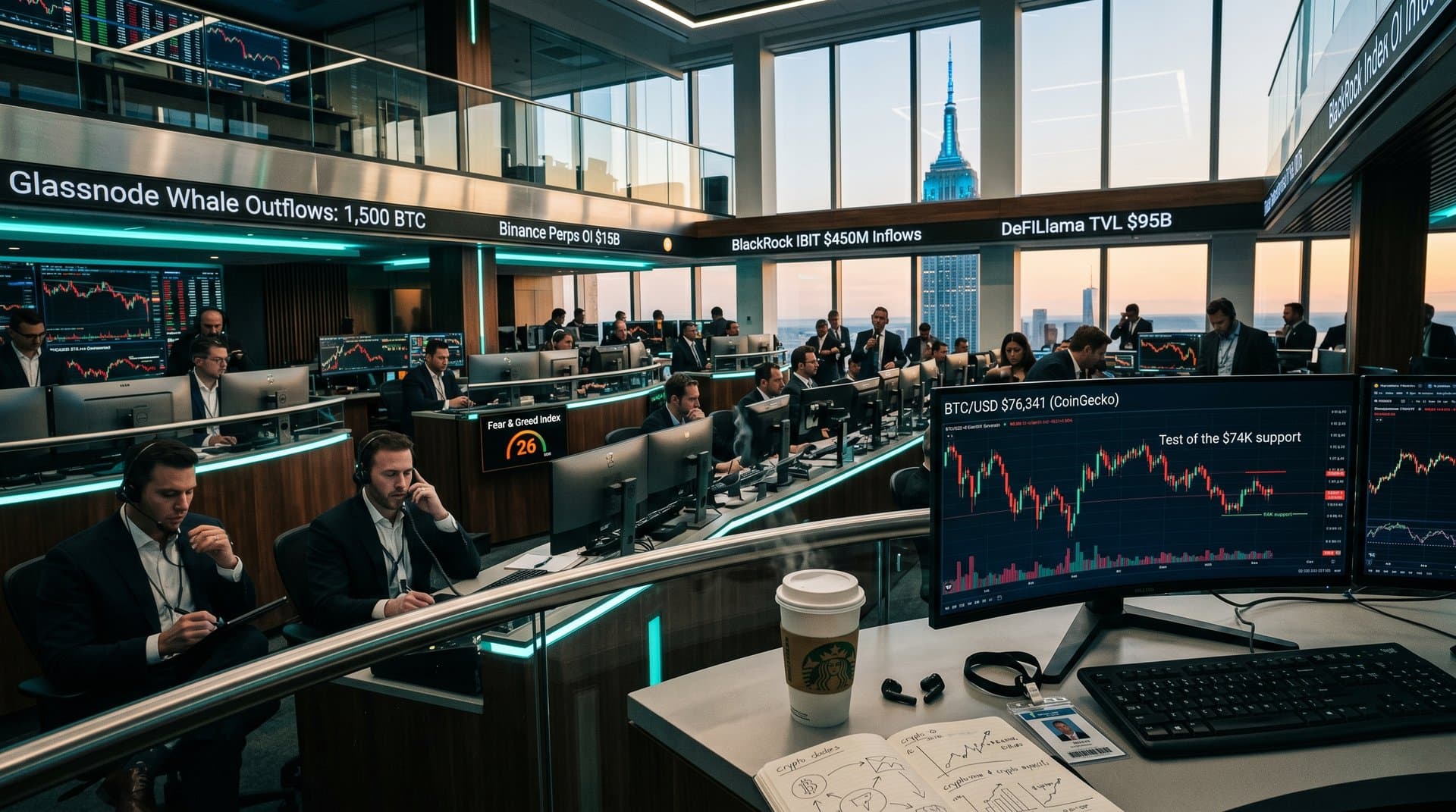 Trading floor analysts monitor BTC $76K charts and Fear & Greed 26 on terminals amid city skyline