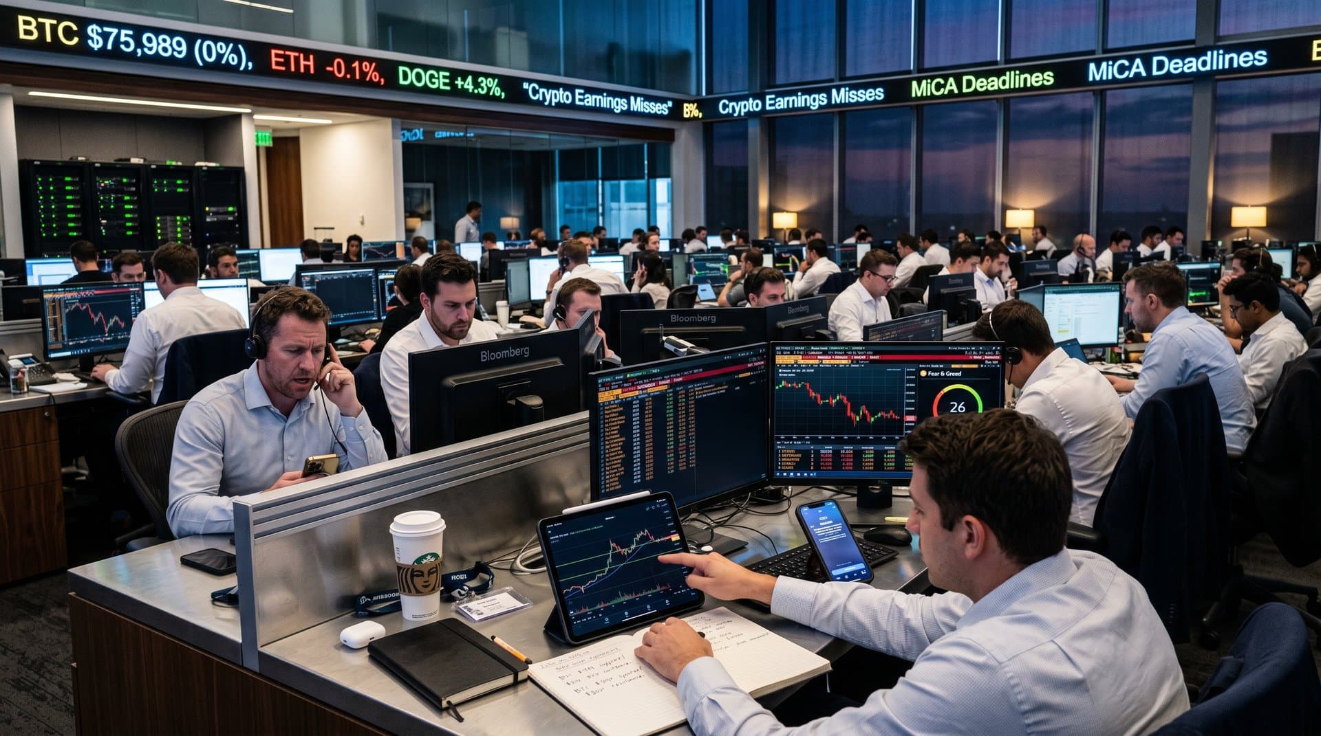 Trading analysts review BTC $75,989 charts, Fear & Greed at 26, and regulations on multi-monitor setups