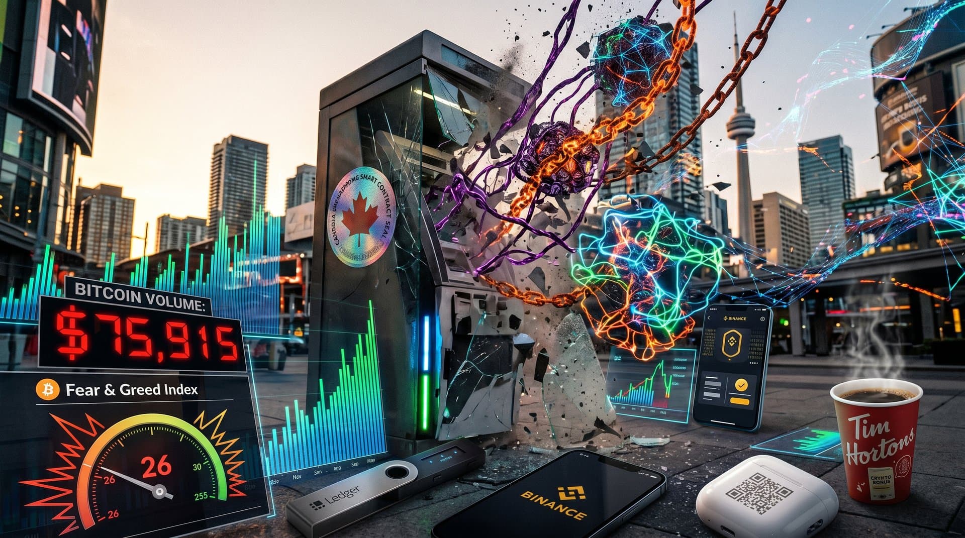 Abstract crypto ATM dissolving into DeFi blockchain nodes with BTC charts, Fear Index, and Toronto skyline