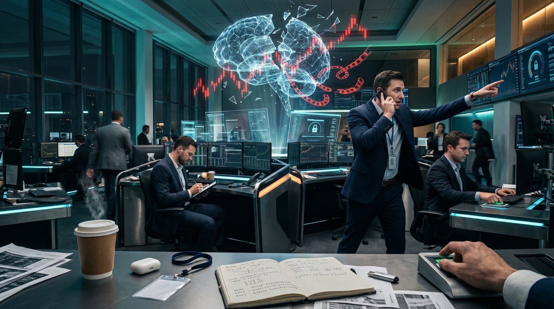 AI neural network exposing DeFi scams with BTC price and Fear Index in cyberpunk style