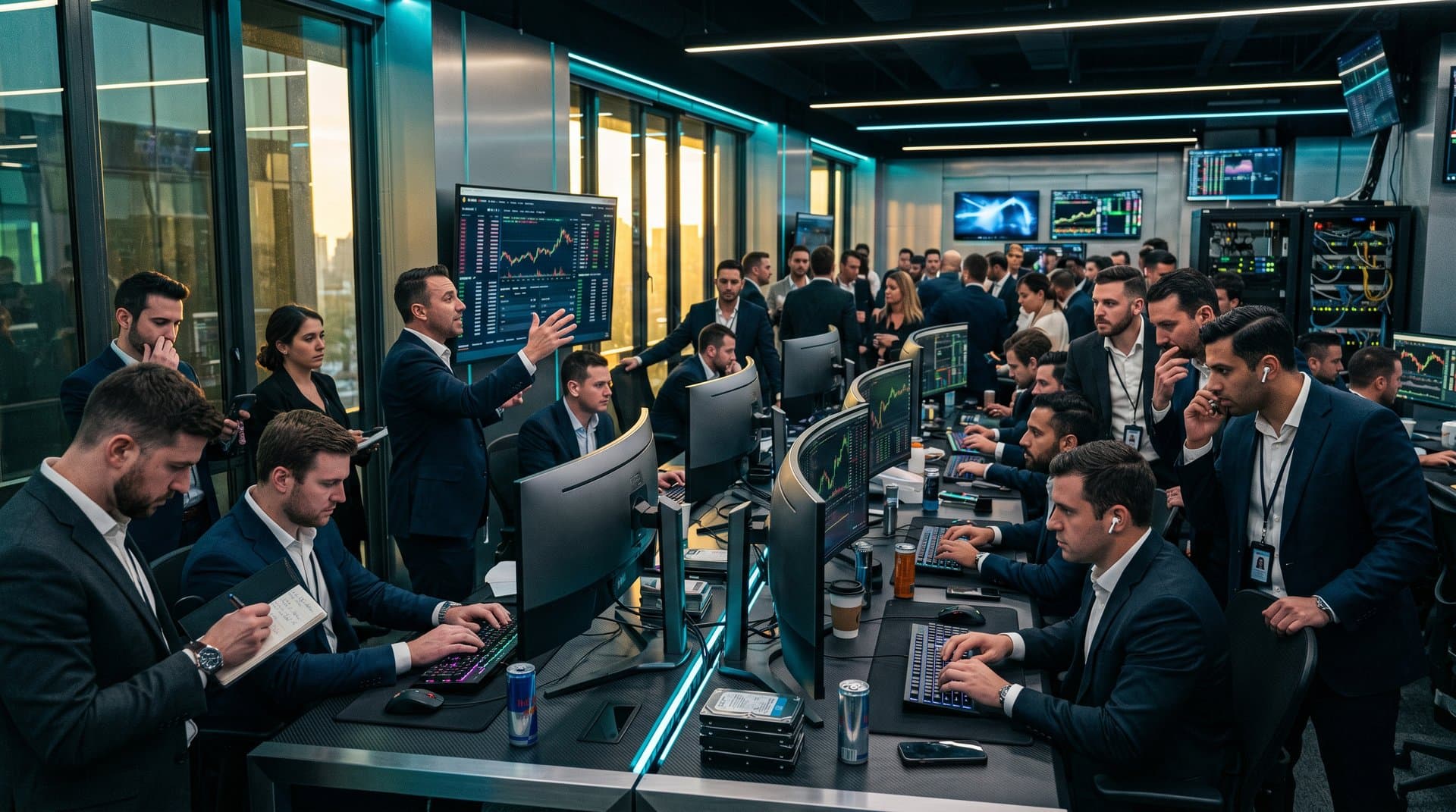 Crypto traders monitoring DOGE at $0.10, DeFi pools, and market charts on modern trading floor screens