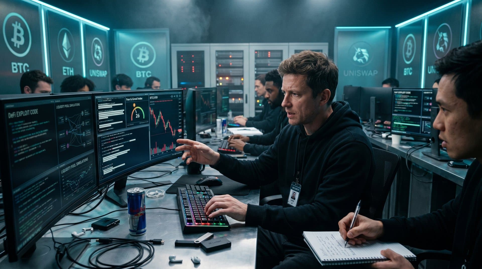 Cyberpunk AI command center with jailbreak prompts, Fear & Greed chart, and crypto price drops