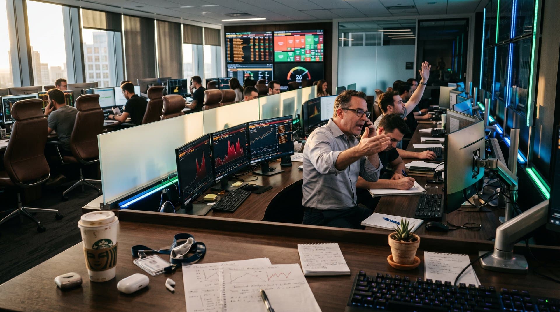 Trading desks with Bloomberg terminals showing top 10 crypto market caps, Fear & Greed Index 26, and red charts under LED lights