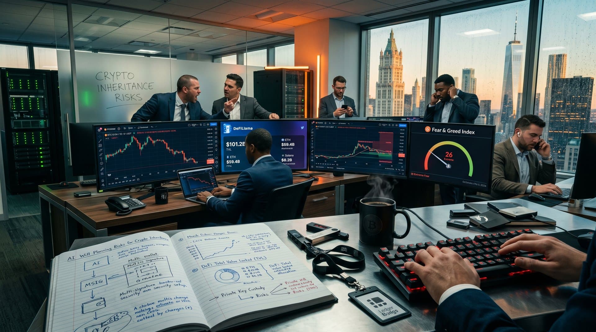 Trading desk with BTC charts, DeFi TVL, Fear & Greed index, and AI will planning notes amid market volatility