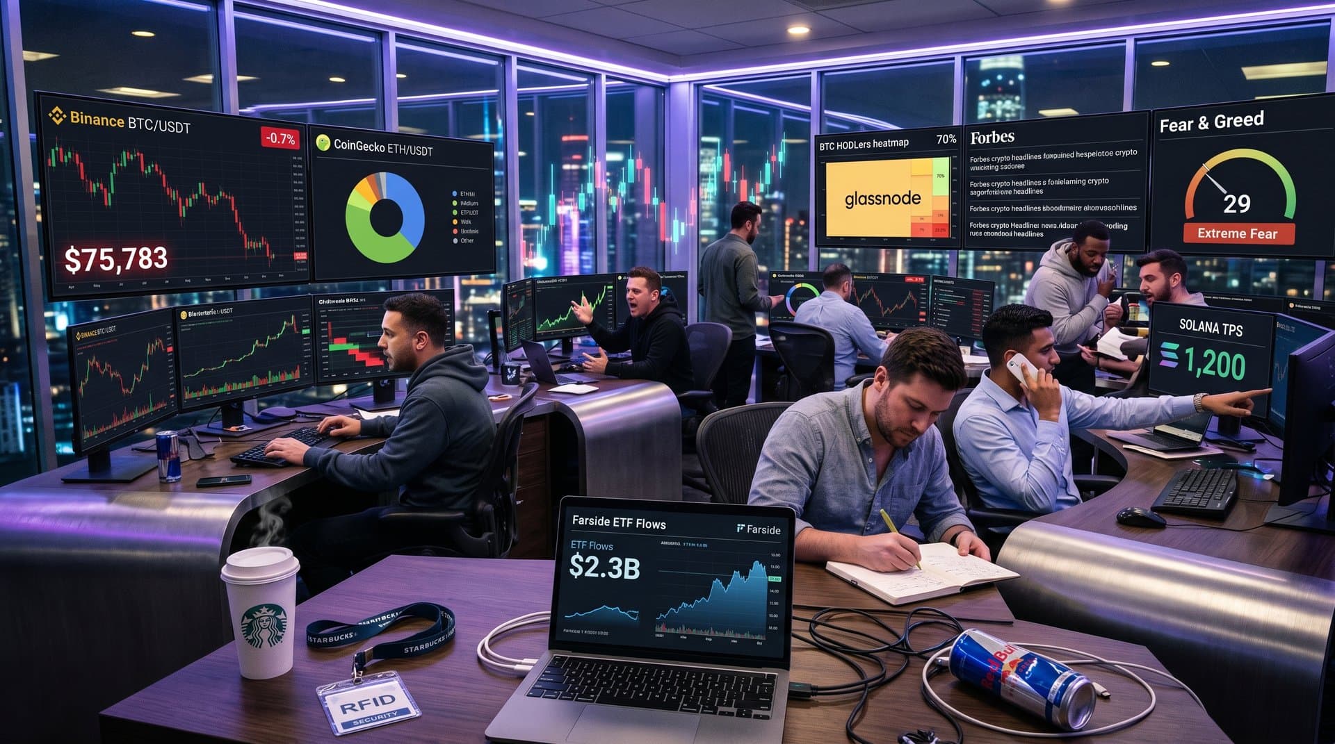 Crypto traders monitoring top 10 cryptocurrencies charts, DeFi TVL dashboards, and Fear & Greed Index on trading floor screens