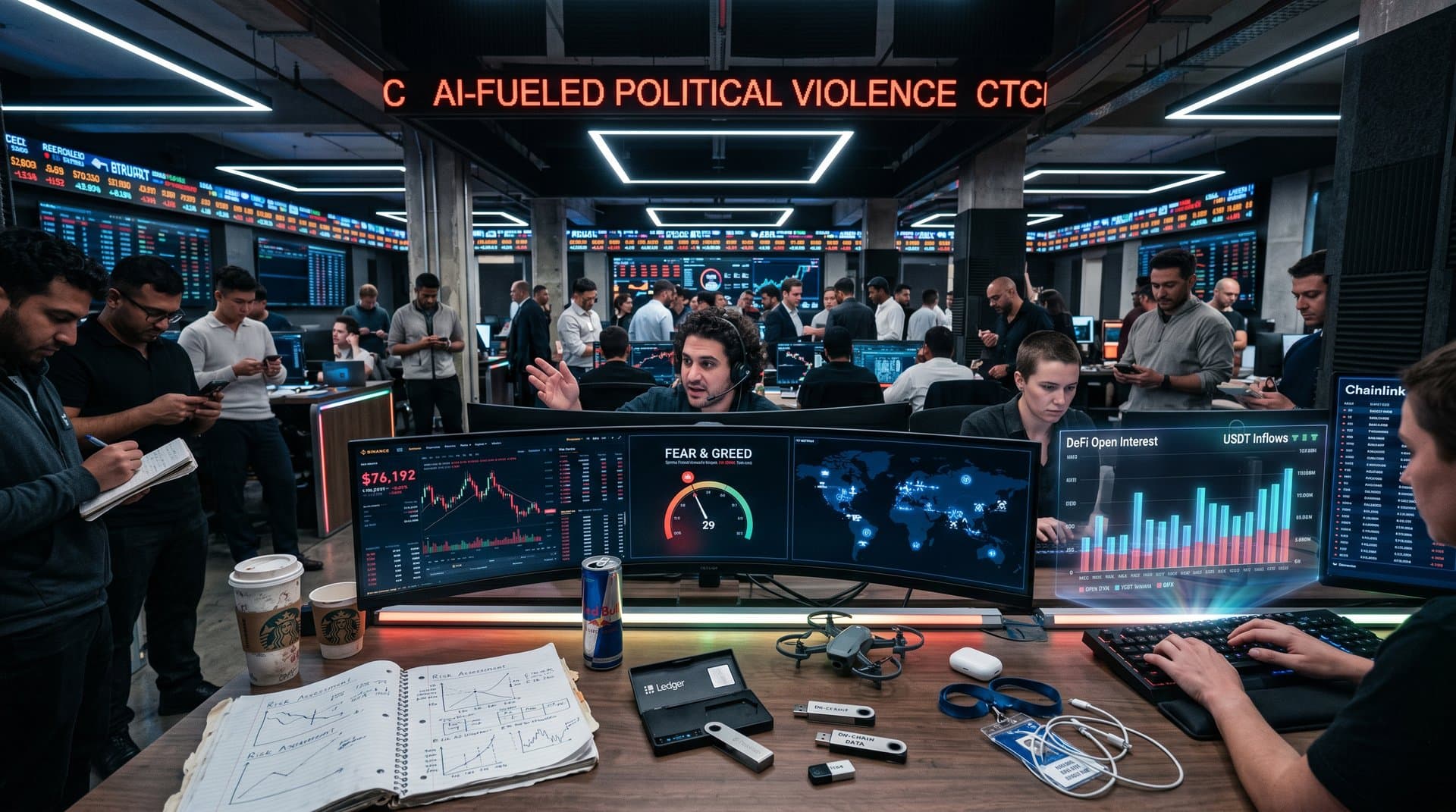 Crypto trading screens show BTC at $76K, Fear 29, AI geopolitical risk maps, and DeFi hedging charts in high-tech desk setup