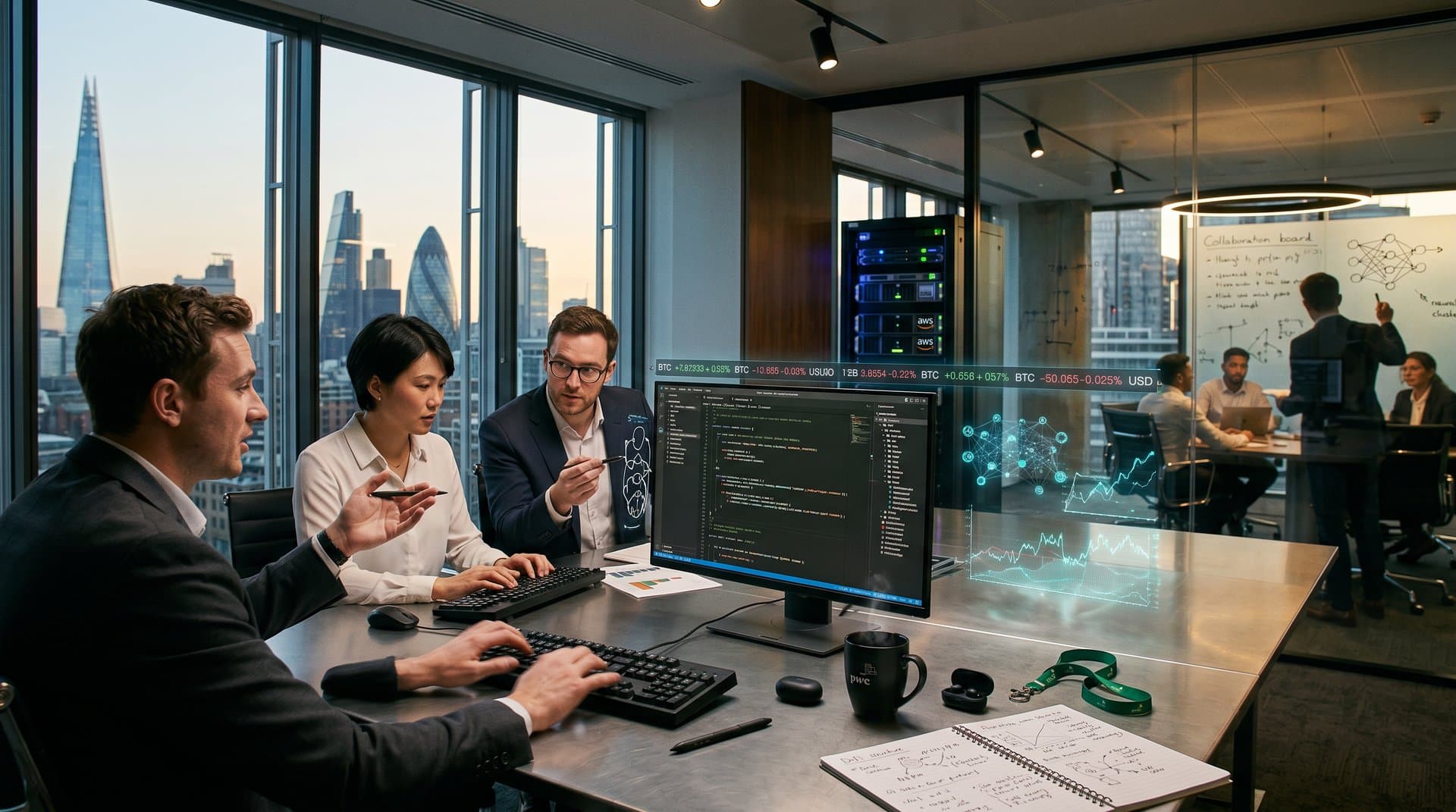 PwC office with AWS screens showing annotated DeFi smart contracts and liquidity charts in high-tech environment