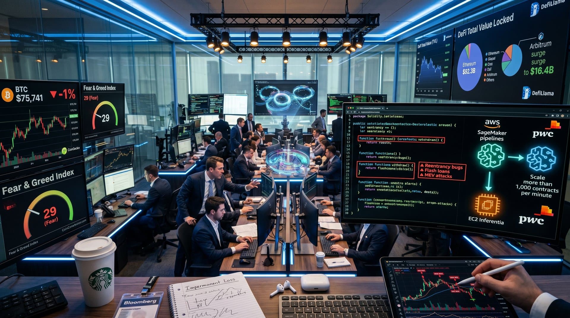 Abstract dashboard showing Solidity code, DeFi risk alerts, AWS diagrams, BTC chart at $75K, and Fear & Greed at 29