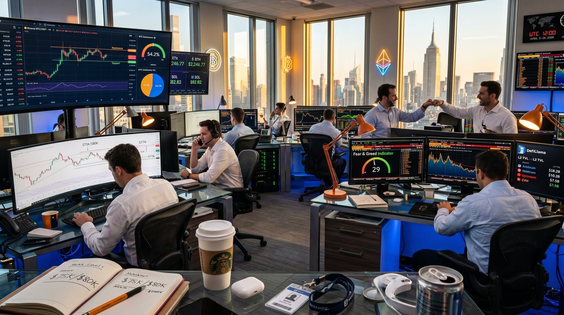 Trading desks with BTC charts at $75,723, Fear & Greed at 29, consolidation analysis on multiple screens
