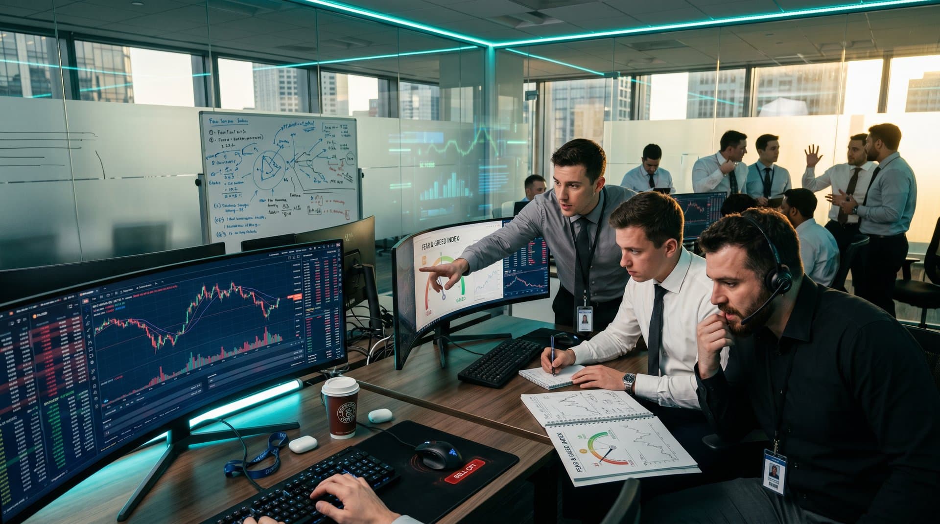 Trading desk with monitors showing BTC and ETH crypto CFD charts, margin metrics, and Fear & Greed Index
