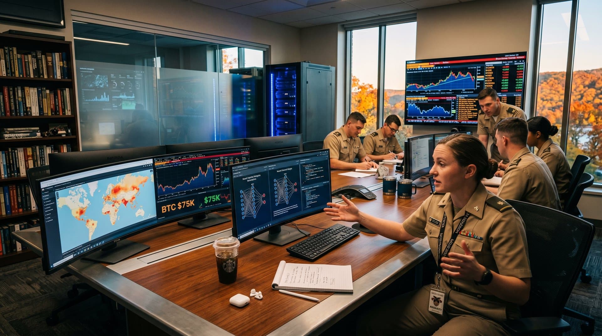 Analysts at Combating Terrorism Center review AI maps of political violence and crypto charts in high-tech war room