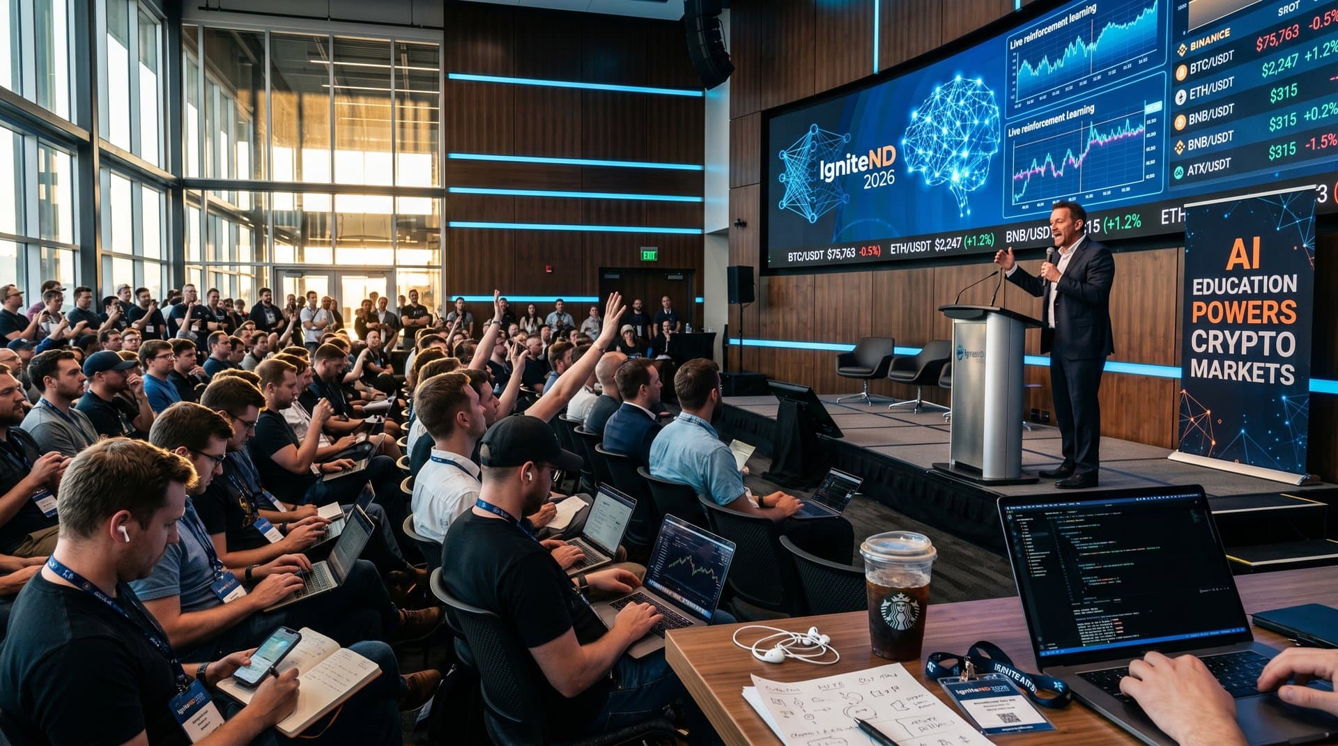 IgniteND 2026 conference hall with screens showing AI neural networks and crypto charts including BTC at $75,763 amid professional setup