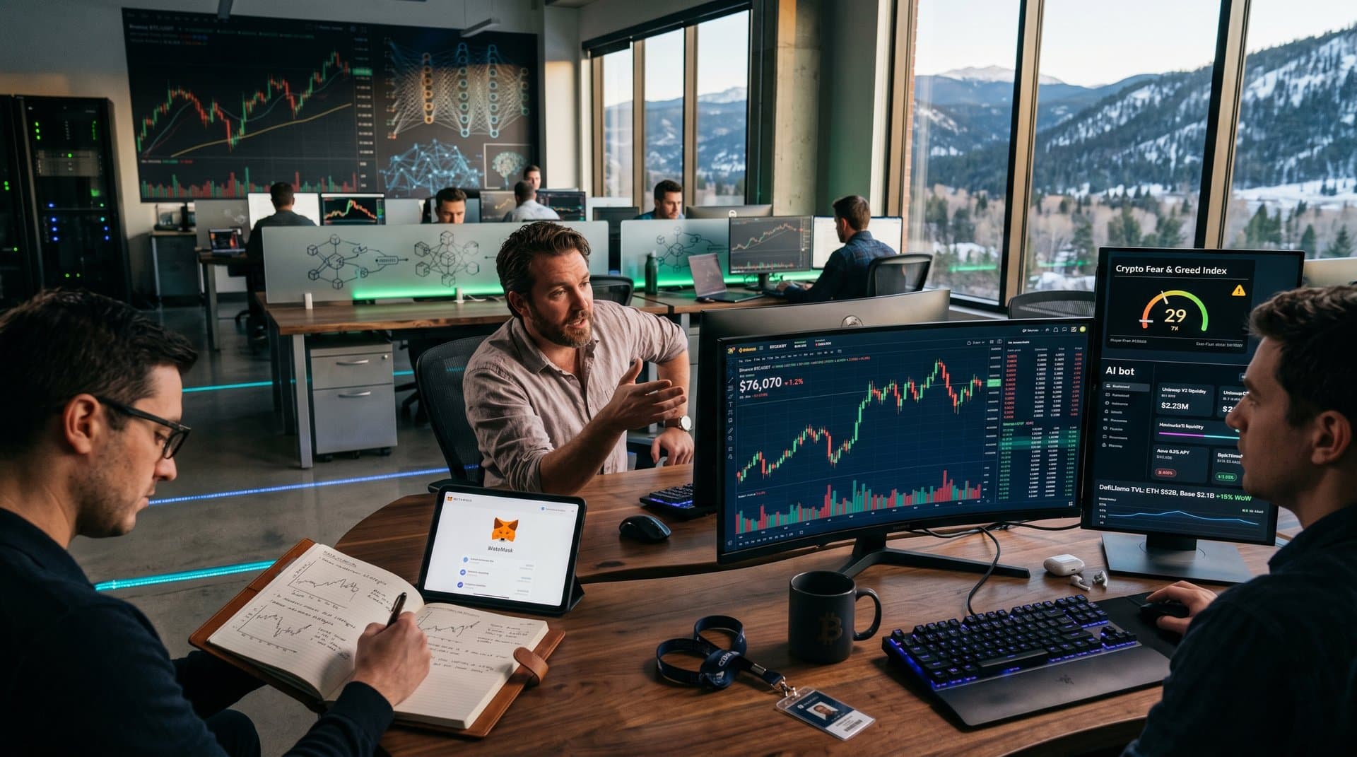 Trading desk screens show AI bots, BTC $76K charts, Fear & Greed 29, DeFi pools in Left Hand Valley office