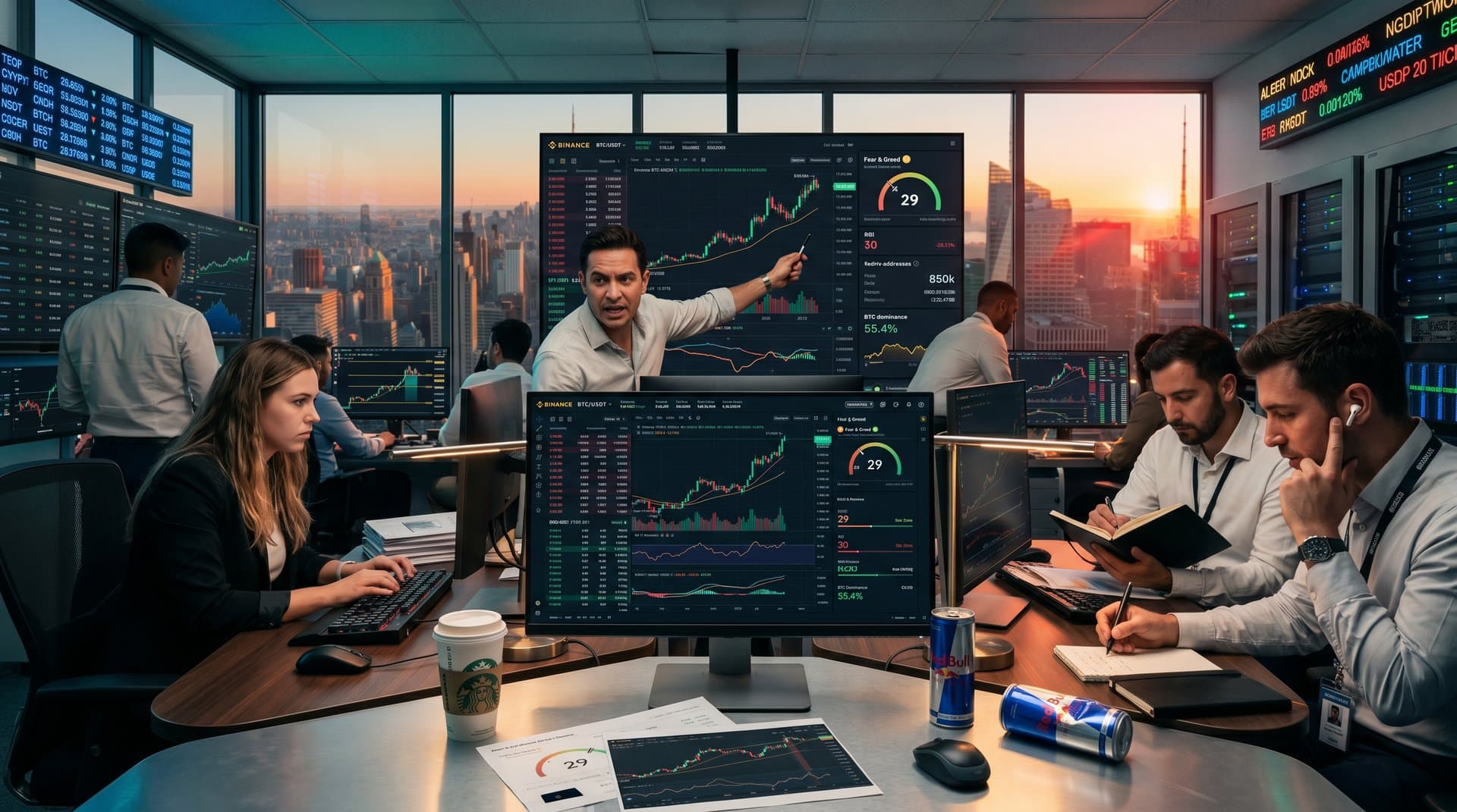 Trading desk monitors BTC charts at $76,095 and Fear & Greed at 29 amid red market data