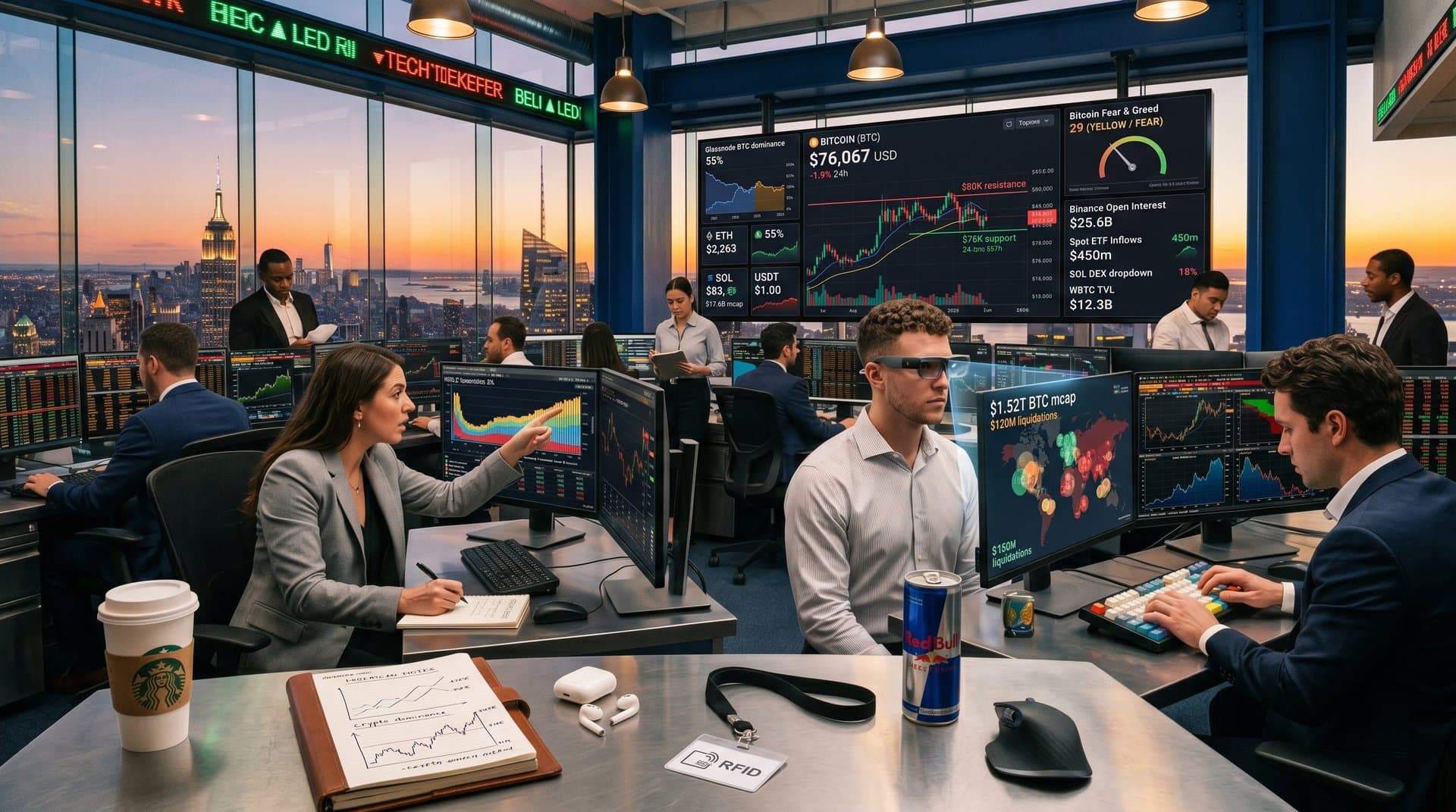 Analysts at Goldman Sachs trading desks study BTC dominance and SOL charts on Bloomberg terminals amid city skyline view