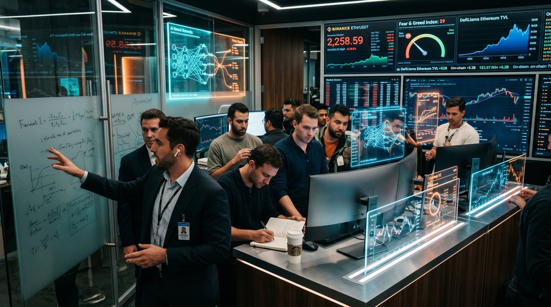 Trading screens show Ethereum at $2,258 dip, Fear & Greed 29, DeFi TVL charts, AI prediction models
