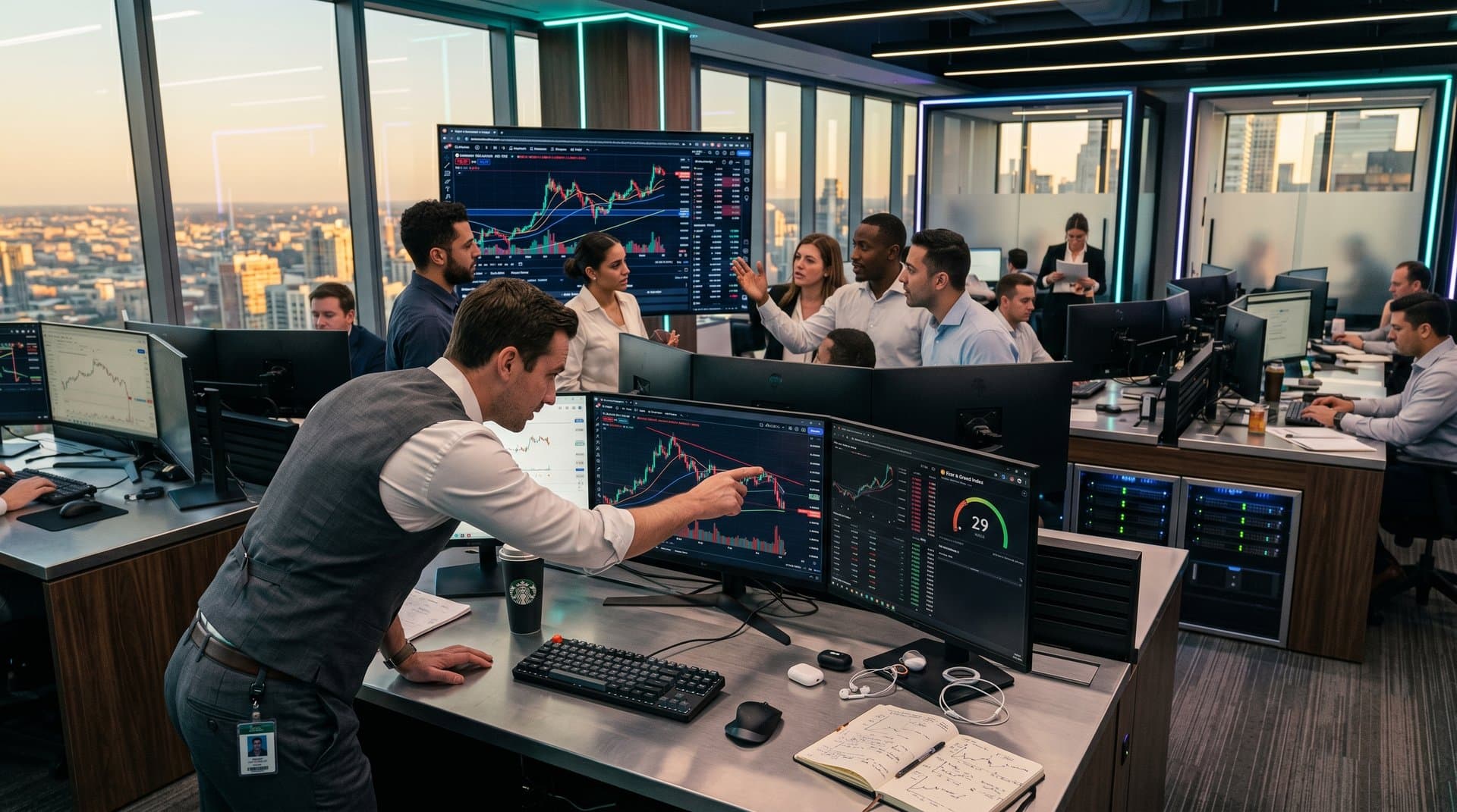 Crypto traders analyze Bitcoin price at $76,292 and Fear & Greed Index on multi-monitor setups in modern trading floor