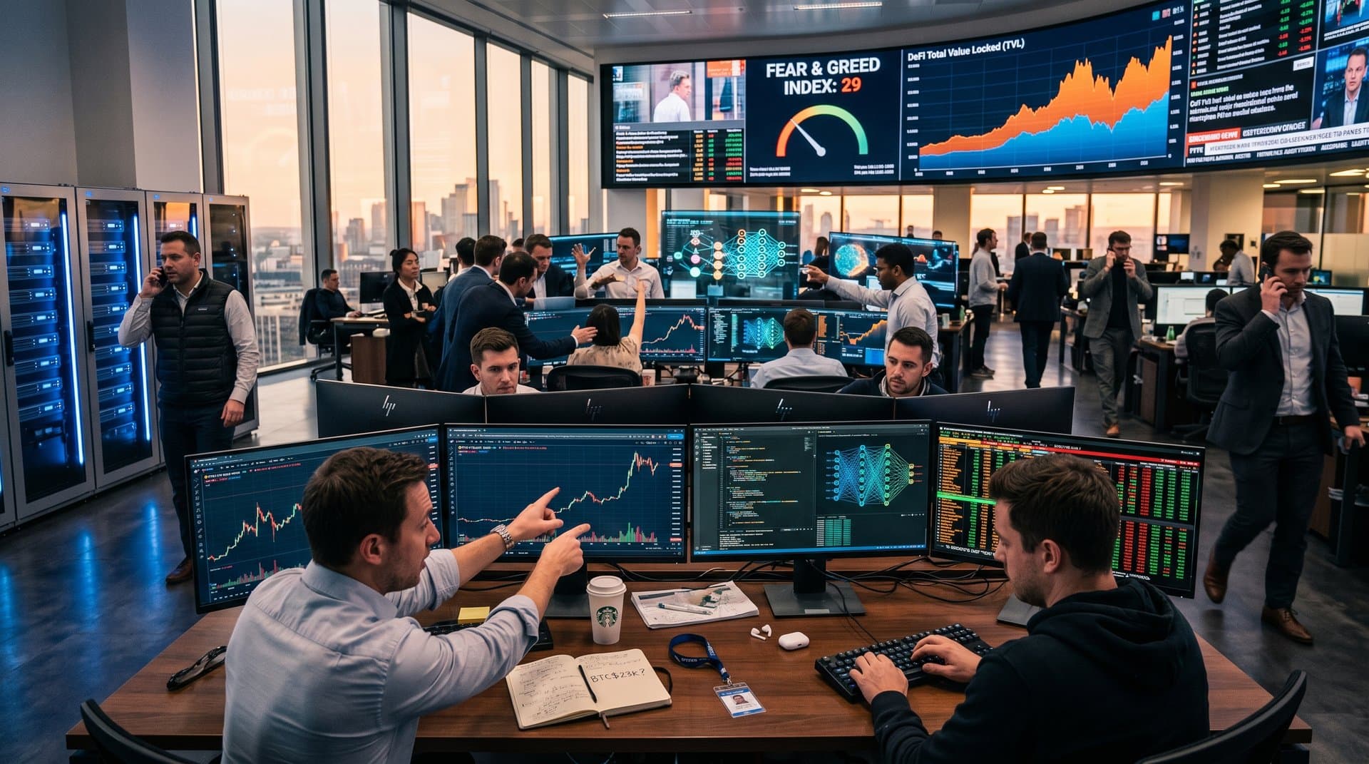 AI-driven crypto trading floor with charts, neural networks, and Fear & Greed Index displays in modern finance hub