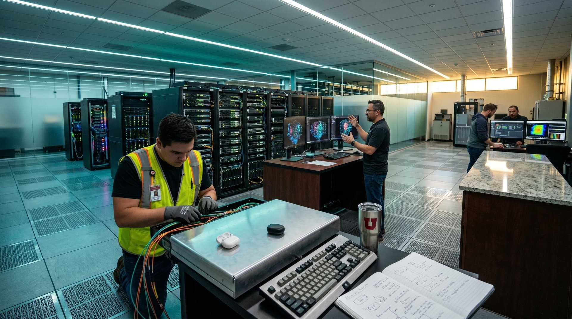 Utah data center with GPU racks, AI dashboards, and compute infrastructure for health research