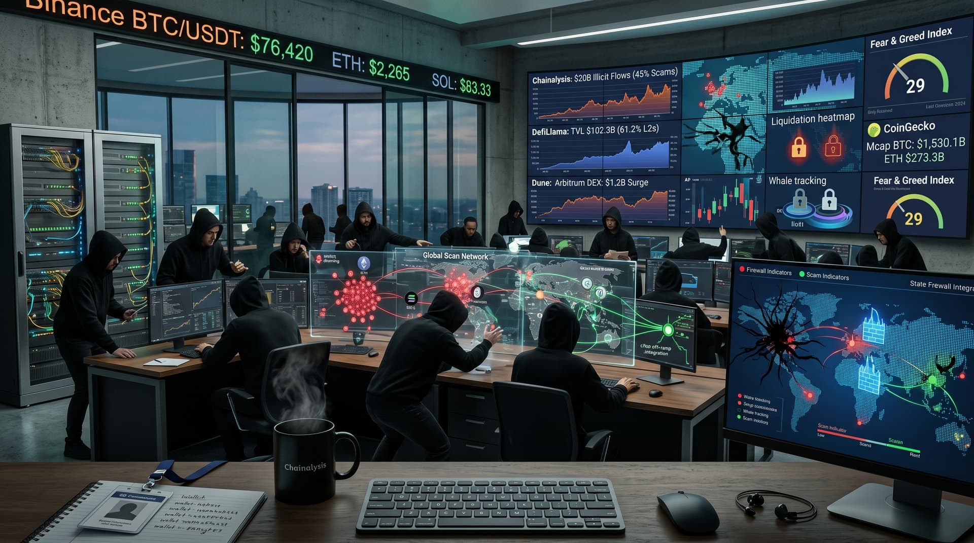 Cybersecurity team monitors crypto scam networks and Binance price tickers in high-tech operations center