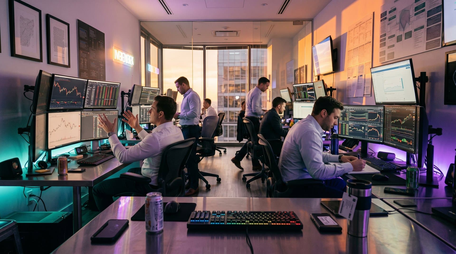 Crypto traders roll dice near screens showing BTC volatility at $76k and Fear & Greed 29