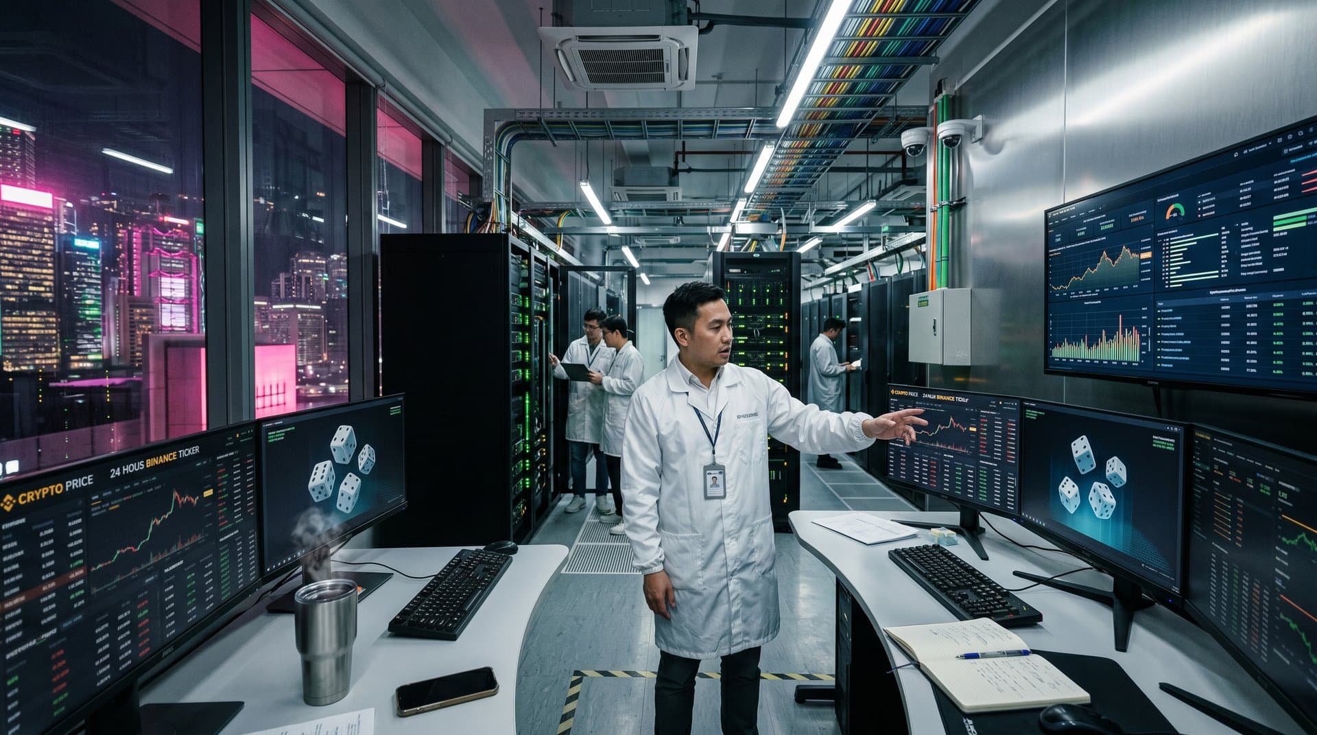 Engineers monitor VRF security logs, RNG graphs, and BTC price charts in secure data center with server racks.