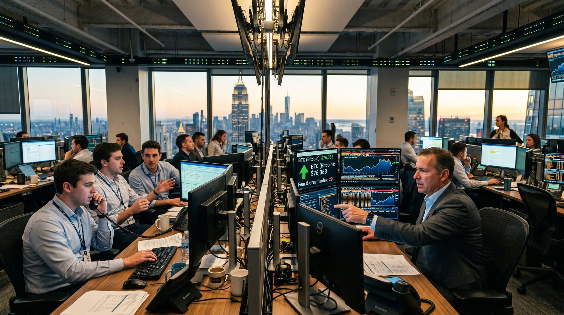 Trading floor with screens showing BTC at $76,363 and Fear & Greed at 29 amid Wall Street crypto analysis