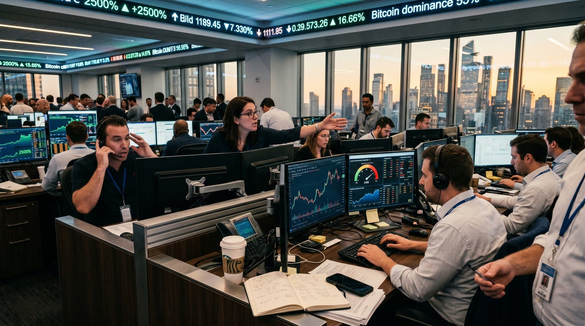 Wall Street traders analyze Bitcoin price prediction charts showing $76K levels and 2,500% surge forecasts on multi-monitor setups