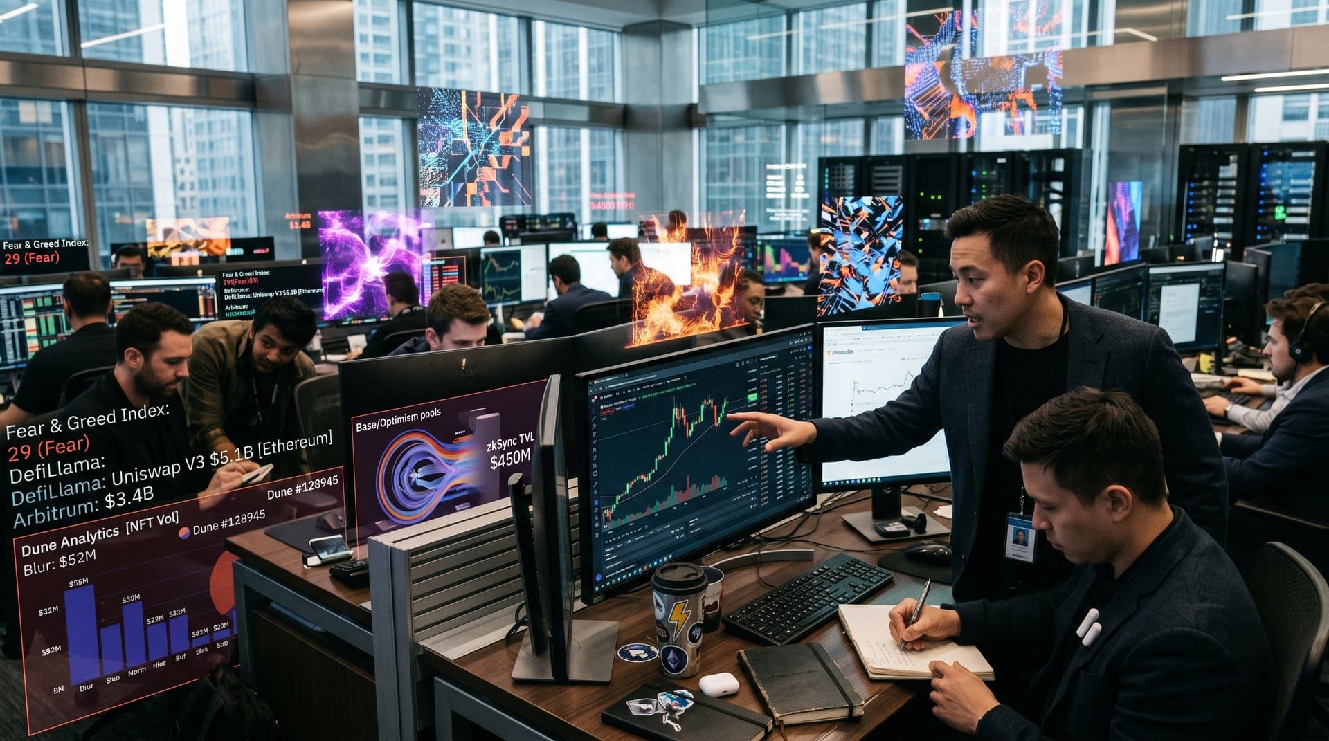 Crypto screens display BTC $76K, Fear & Greed 29, DeFi TVL metrics, NFT volumes amid 1960s art chaos visuals