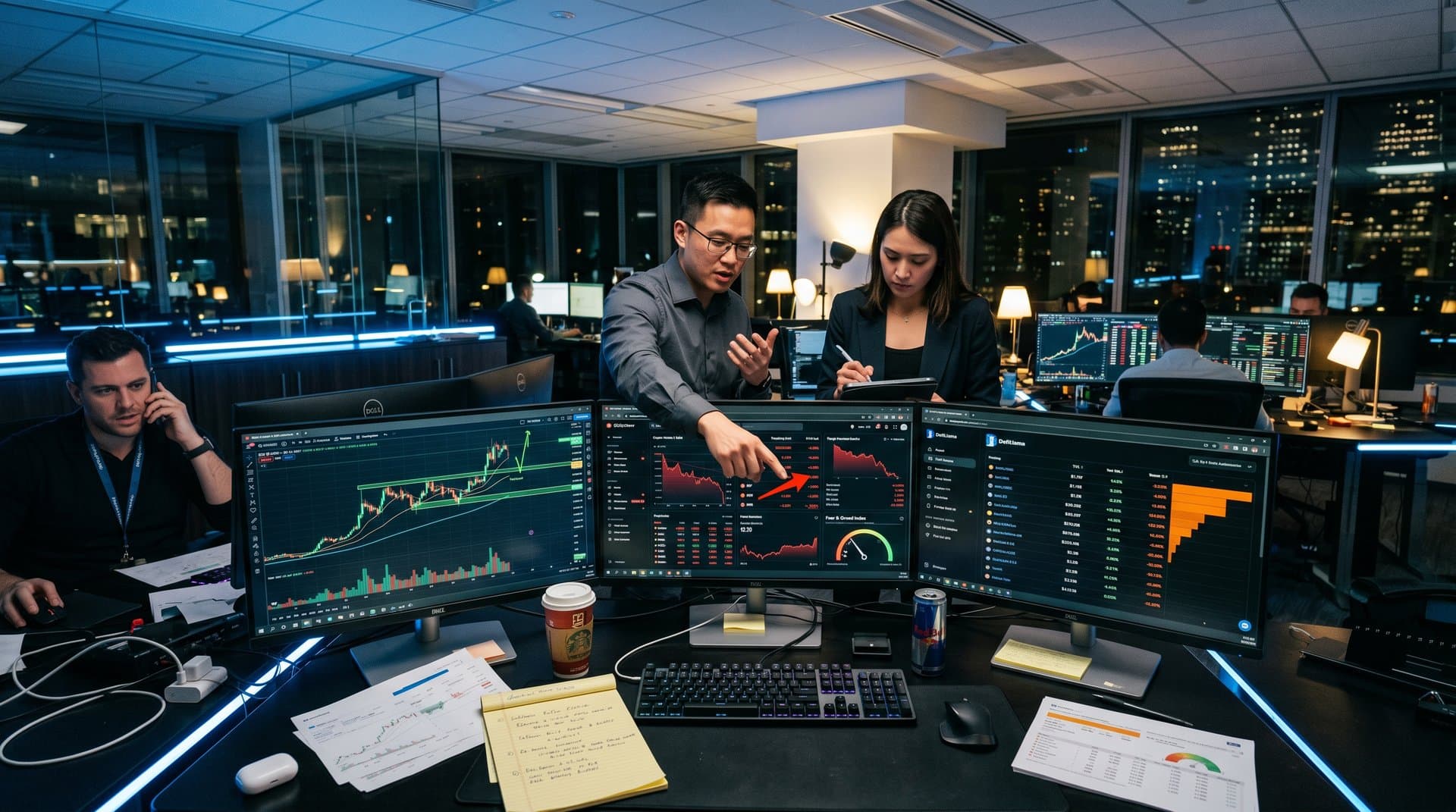 Crypto traders monitor BTC price at $76K, Fear & Greed 29, and DeFi TVL on multi-screens in modern trading floor