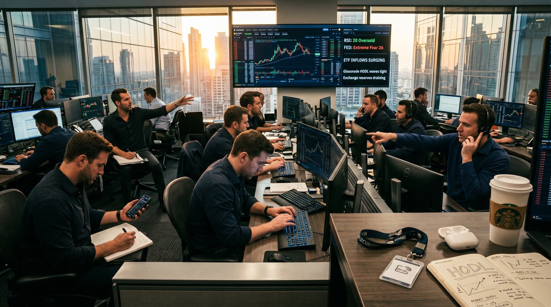 Traders analyze BTC $76,500 charts, Fear & Greed Index 26, ETF flows on monitors in skyline-view trading room
