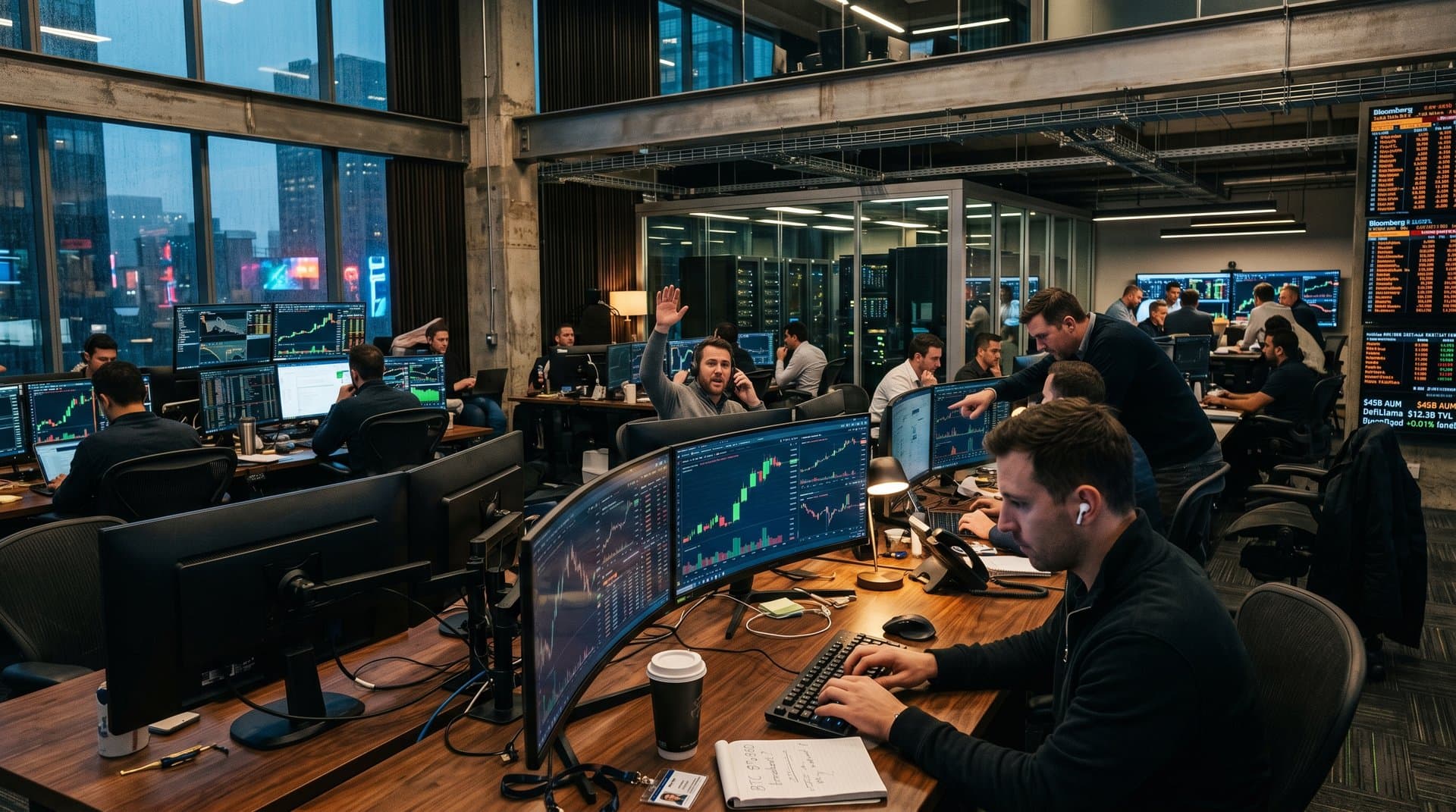 Trading floor with BTC charts at $76,633, Fear & Greed at 26, DeFi volumes on multi-monitors in modern finance office