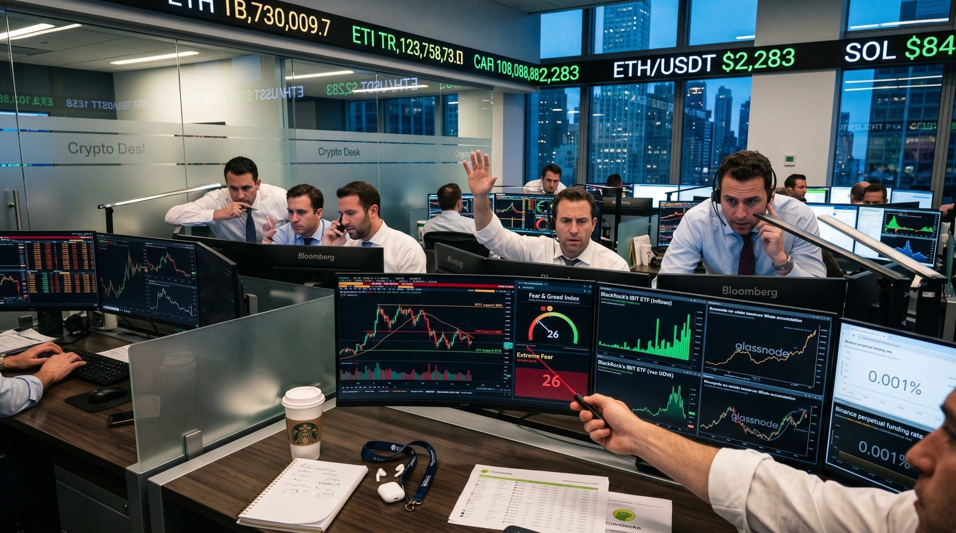 Wall Street traders monitor BTC charts and Fear & Greed Index on multi-monitor setups amid market data displays