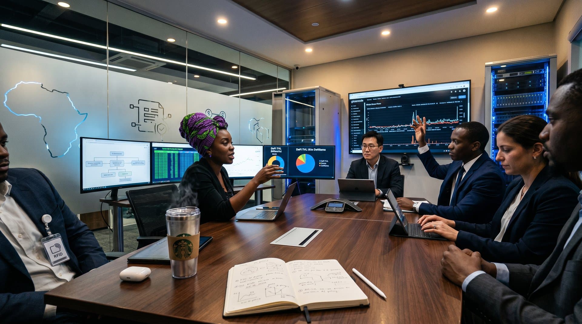 Tech team in conference room viewing AI governance, blockchain, and DeFi charts on monitors amid modern office setting