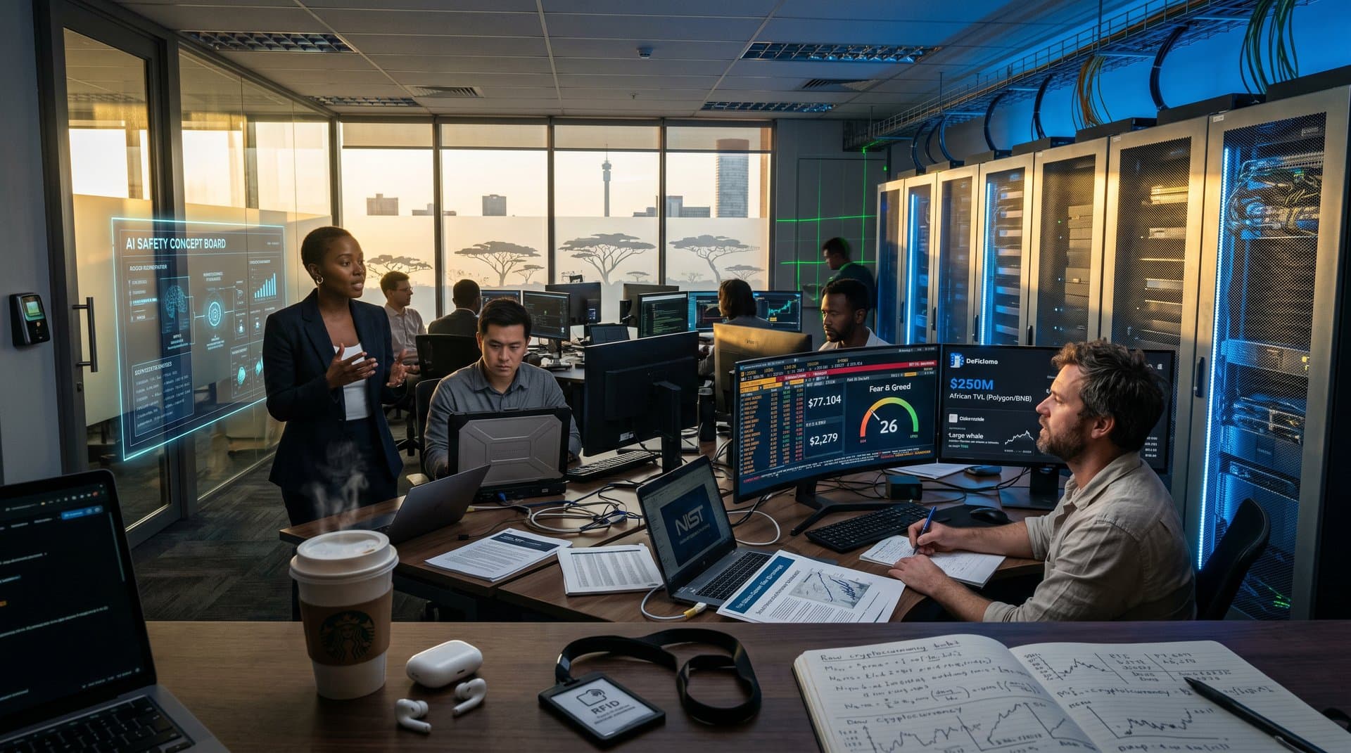 Johannesburg tech hub with AI governance dashboards, BTC charts at $77k, DeFi TVL metrics, and Stimson Center reports in a secure, innovative environment
