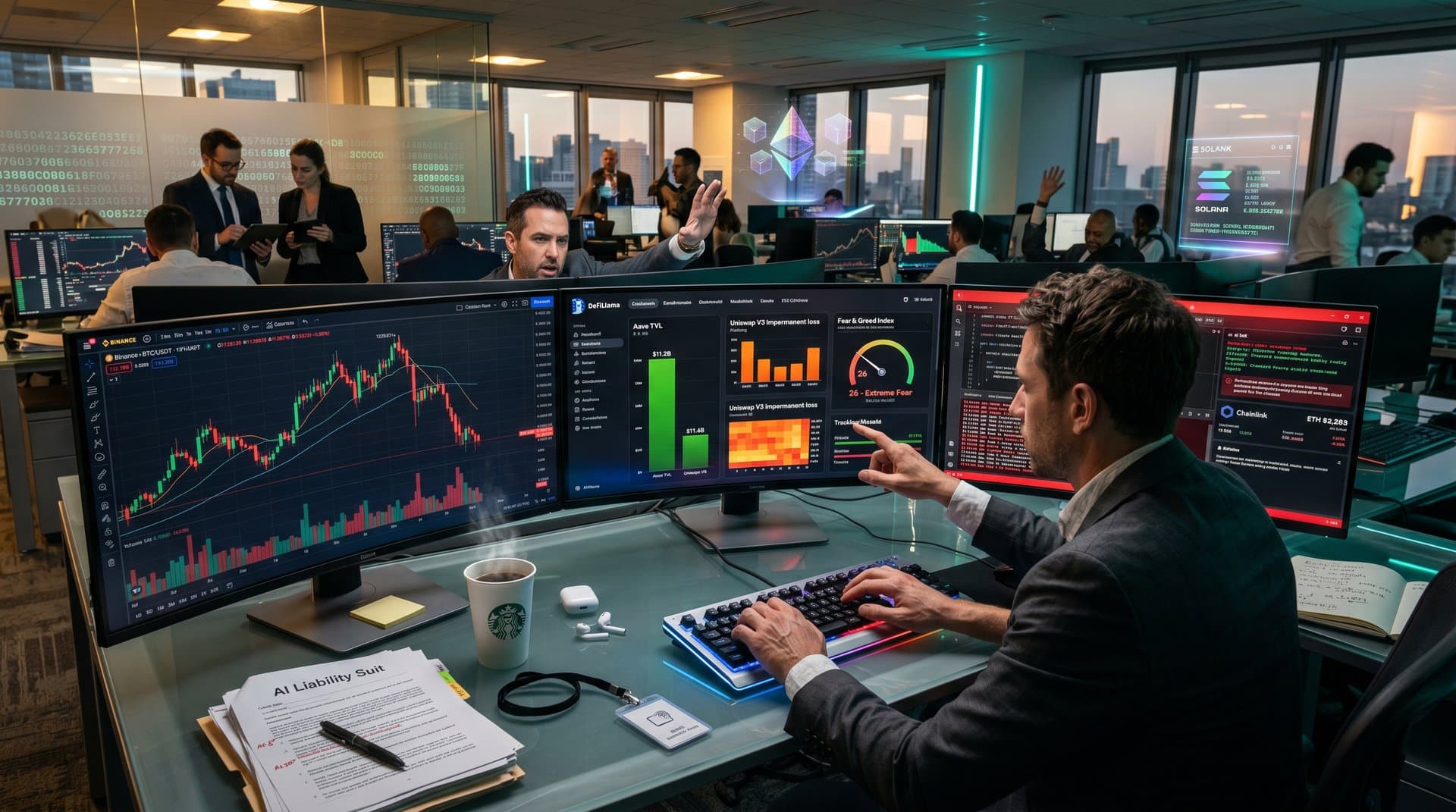 Crypto traders analyze AI bot performance on multi-monitor desks showing BTC charts and DeFi metrics