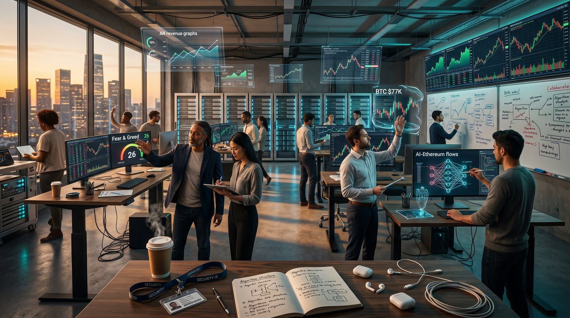 AI lab researchers analyze models and crypto charts on multi-monitors amid servers and glass walls