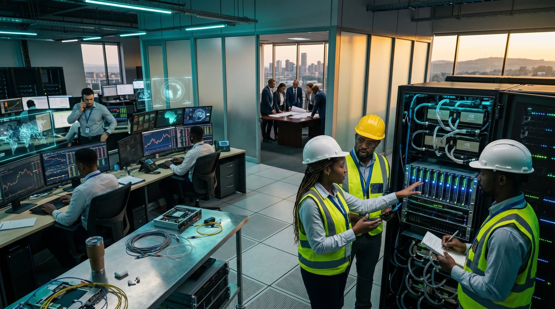 Technicians monitor AI servers, crypto dashboards, and governance visuals in Johannesburg Tier IV data center with LED racks, holograms, and skyline view.