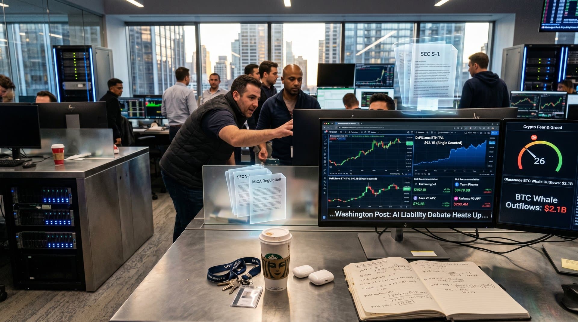 Futuristic crypto trading screens showing BTC at $78K, DeFi TVL, AI bots, Fear & Greed index