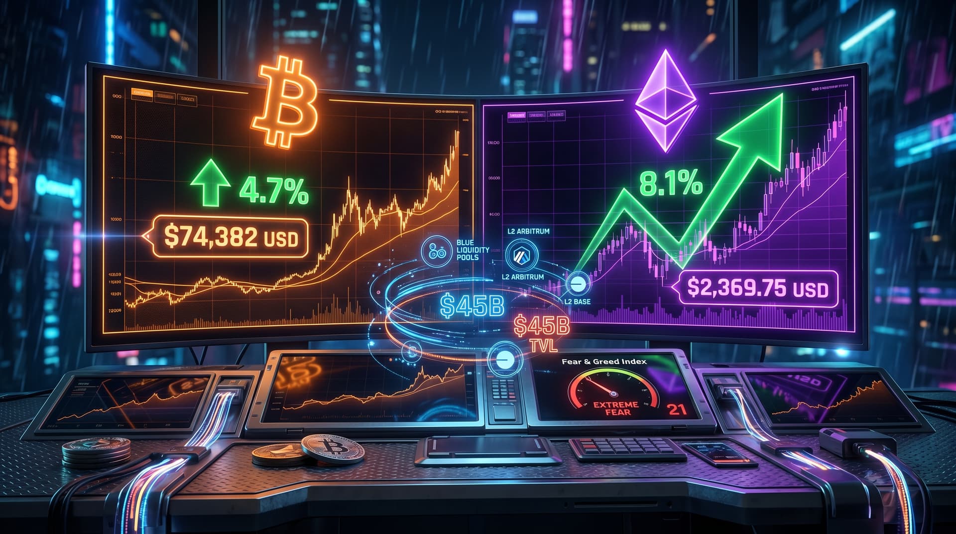 Ethereum vs Bitcoin: ETH Surges 8.1% to $2,369.75 Outpacing BTC 4.7% Gain to $74,382