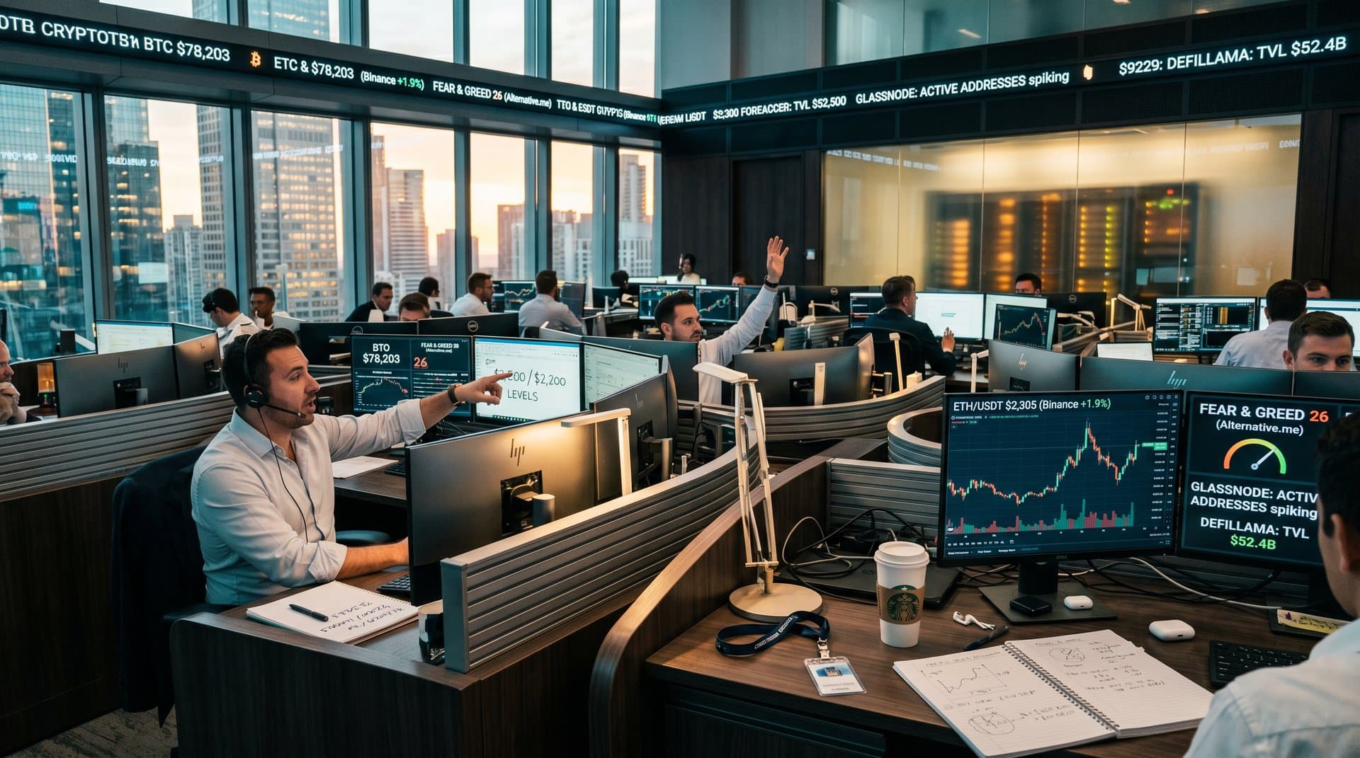 Trading desk monitors show ETH at $2,305, BTC at $78,203, Fear & Greed at 26, and DeFi United ETH recovery data in professional crypto finance office